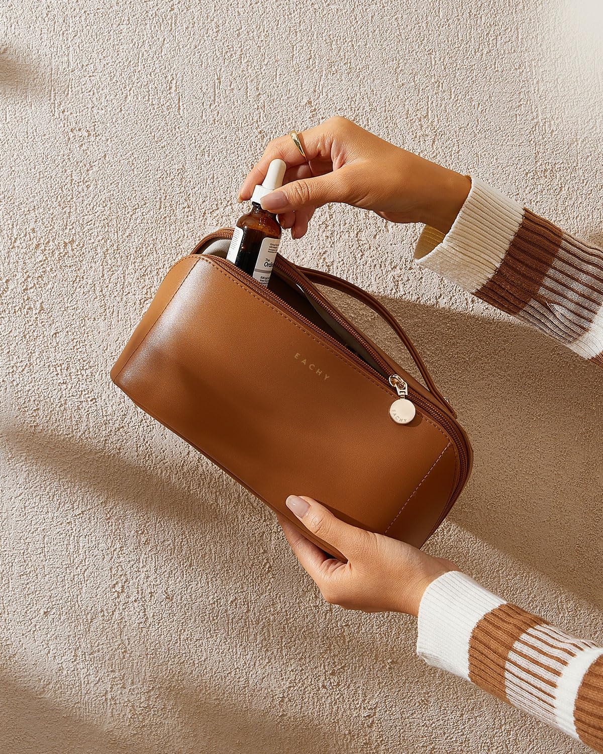 EACHY Large Travel Makeup Bag, Brown, Medium