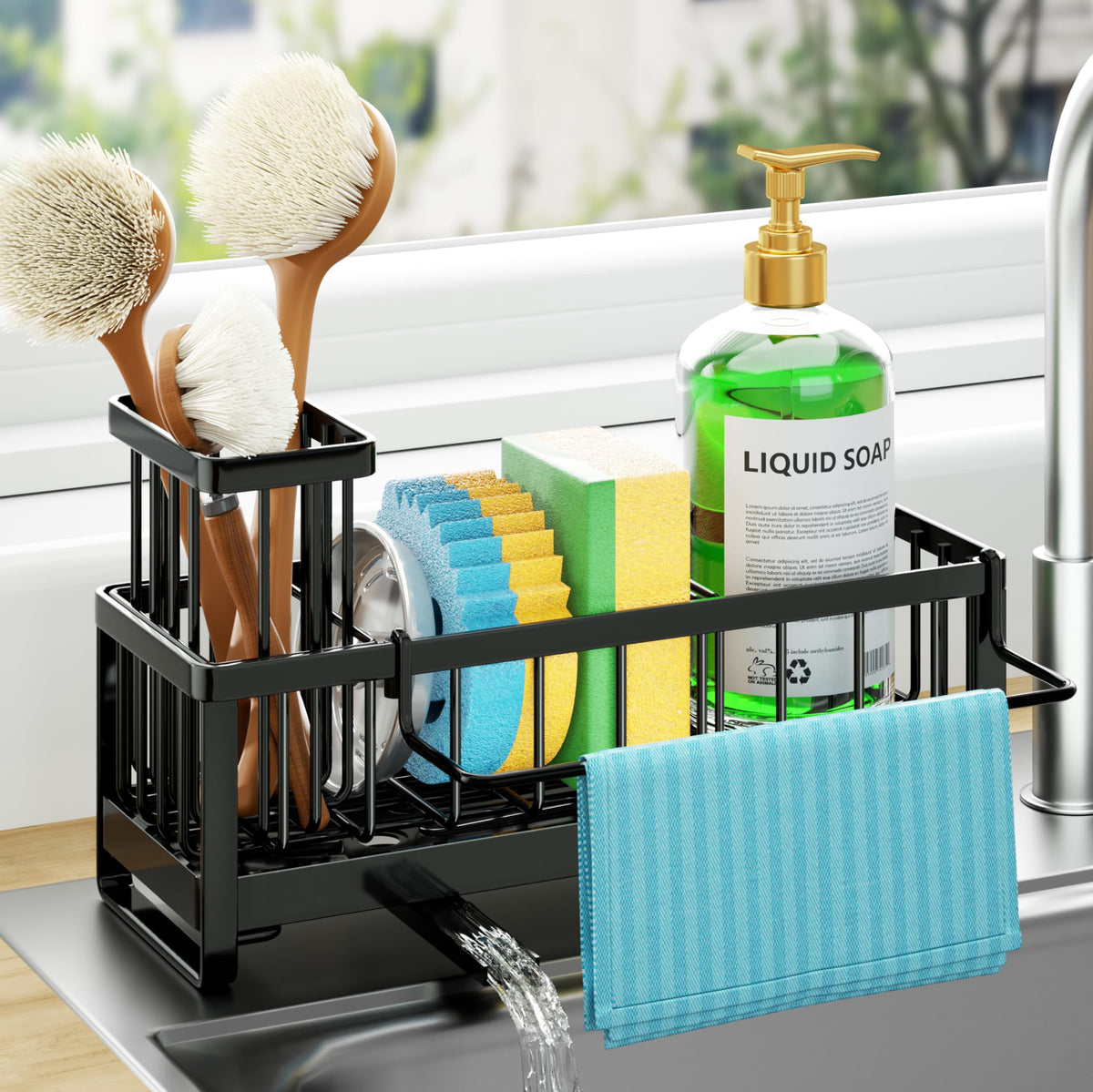 HapiRm Self-Draining Sink Caddy Sponge Holder with Brush Holder