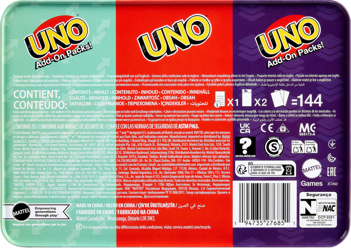 Mattel Games UNO Card Game with 2 Add On Packs and Storage Tin