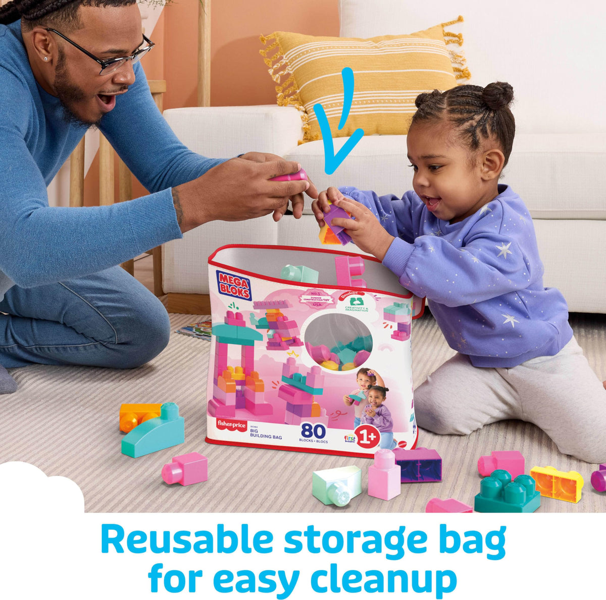 Mega Bloks First Builders Big Building Bag, 80 Pieces, Pink, Ages 1+