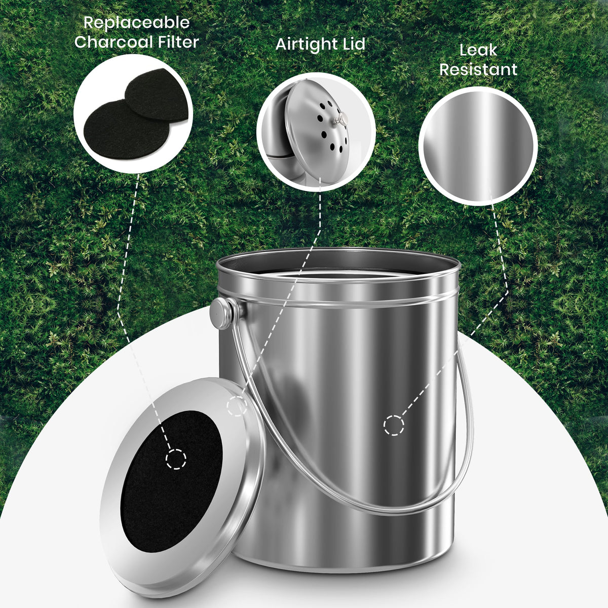 Kichly Stainless Steel Compost Bin, 1.3 Gallon, Spare Filter, Silver