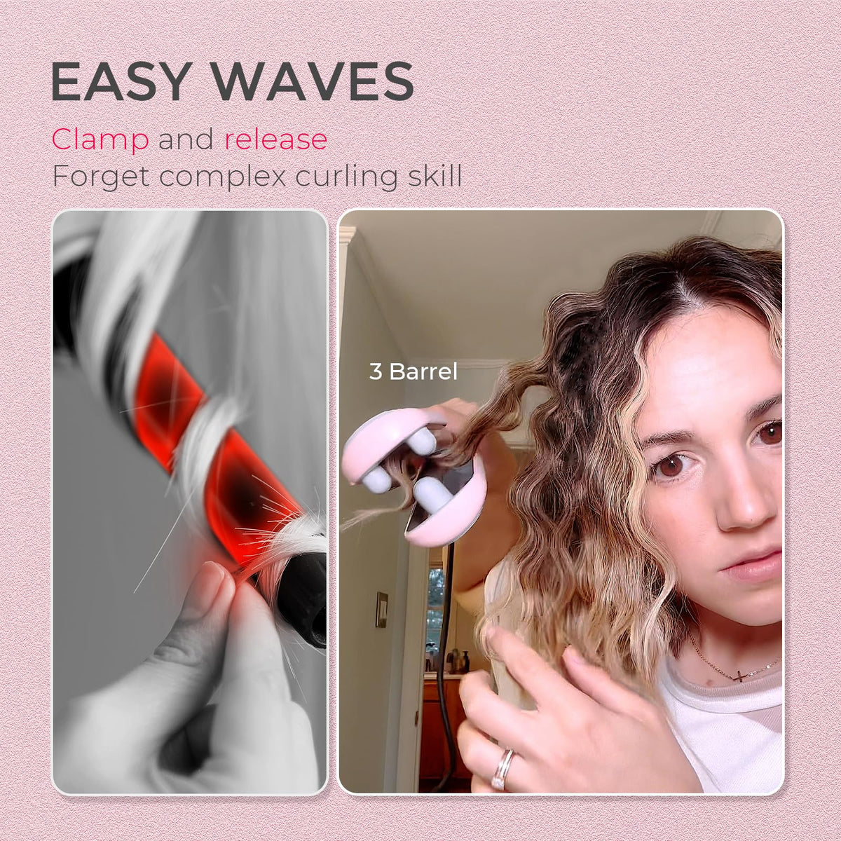 TYMO ROVY 3-Barrel Ionic Hair Waver, 1 in, Pink