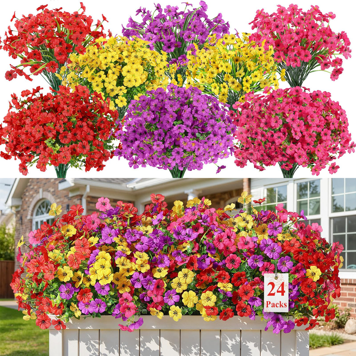 Alupssuc Artificial Flowers, UV Resistant, Mixed 4 Colors, 24 Bundles