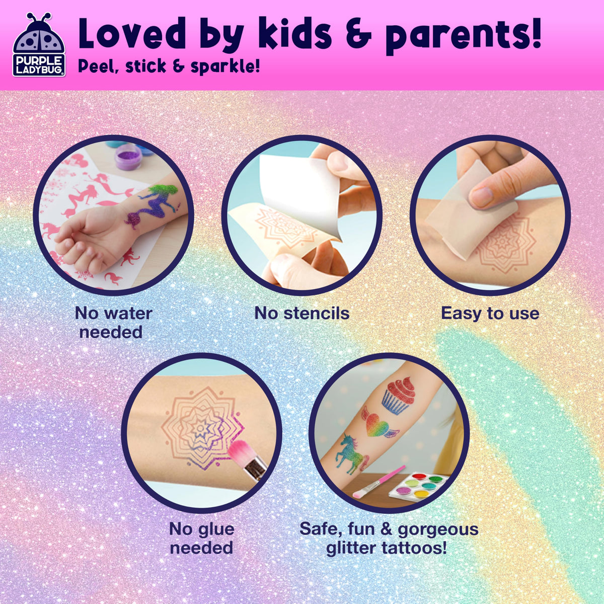 PURPLE LADYBUG Glitter Tattoo Kit for Kids (175 Pieces)