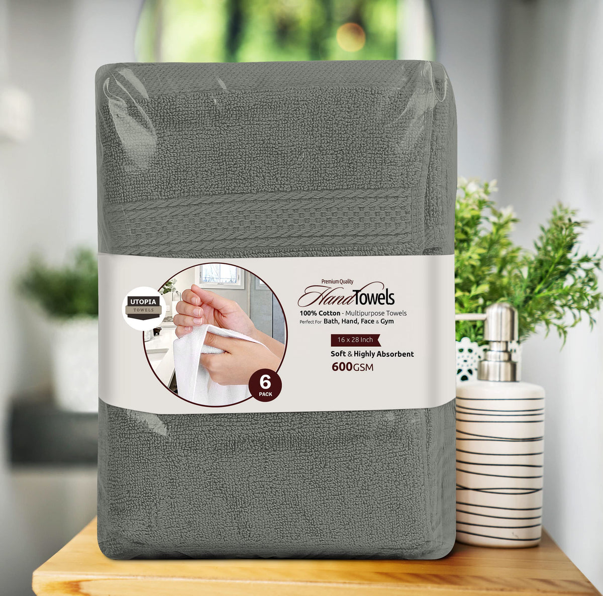 Utopia Towels Premium Hand Towels, 16" x 28", Grey (6 Pack)
