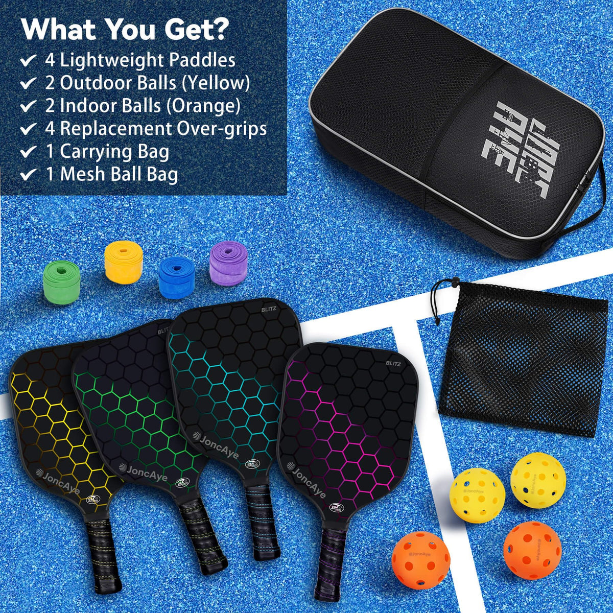 JoncAye Pickleball Paddle Set with 4 Paddles, Balls & Case
