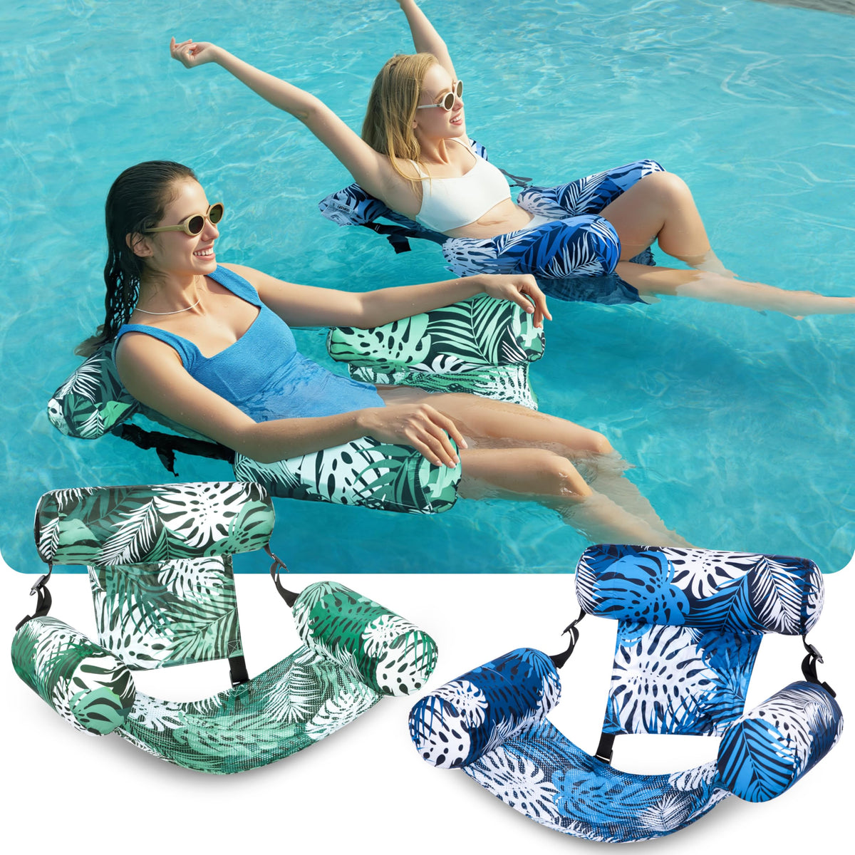 Sloosh Inflatable Floating Lounge Chairs, Tropical Leaves (2 Pack)