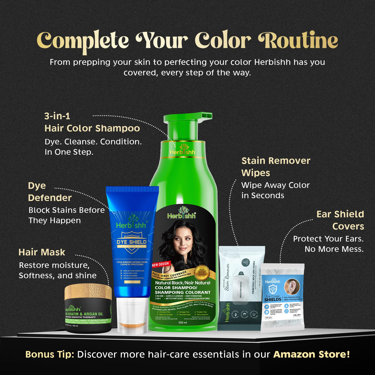 Herbishh 3-in-1 Hair Colour Shampoo, Black, 500 ml