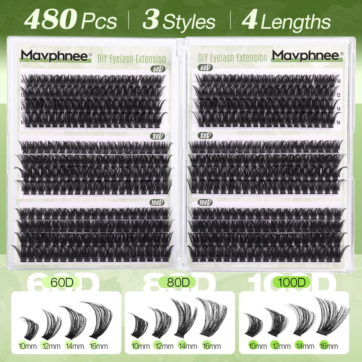 D Curl Cluster Eyelash Extensions, 480 Pieces, 10-16 mm