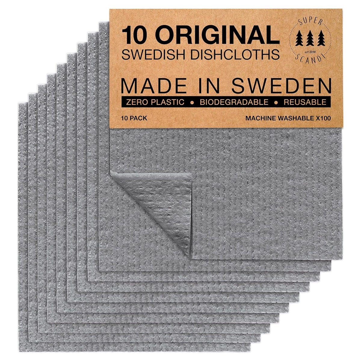 SUPERSCANDI Swedish Dish Cloths, Grey (10 Pack)