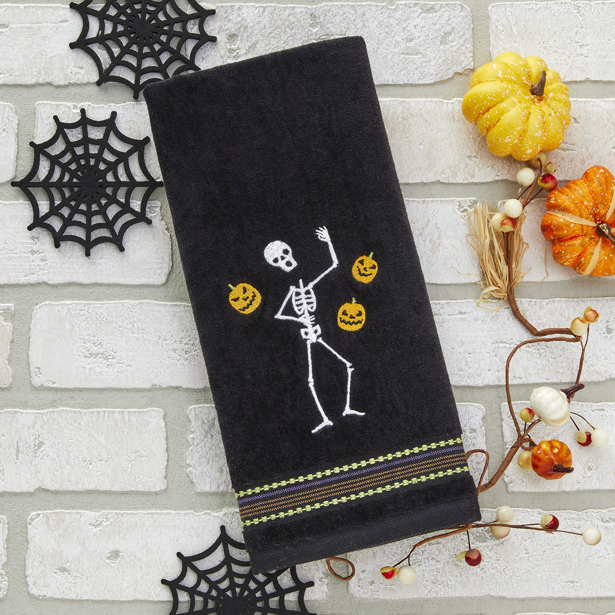 SKL Home Halloween Juggling Skeleton 100% Cotton Embroidered 2pc Hand Towel Set