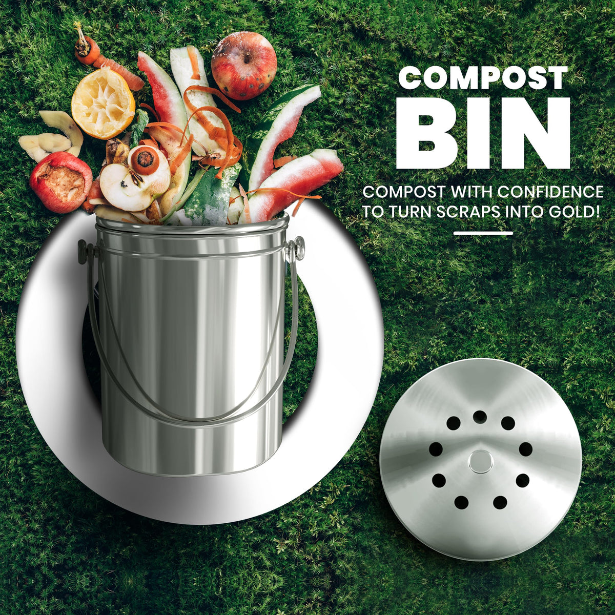 Kichly Stainless Steel Compost Bin, 1.3 Gallon, Spare Filter, Silver