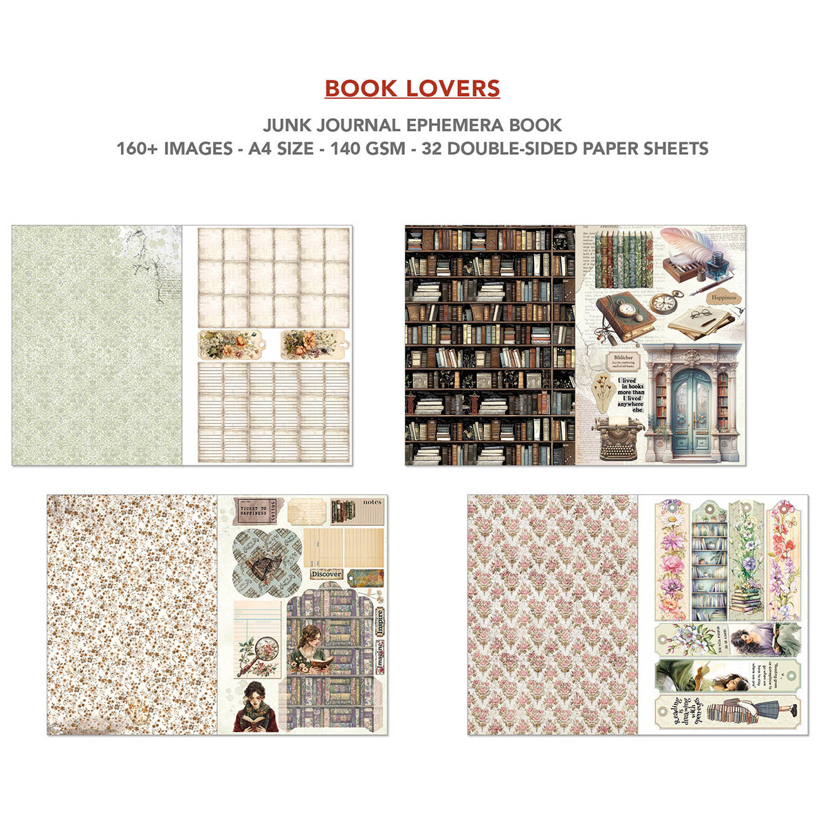 Book Lovers Junk Journal & Ephemera Book  A4 32/Pkg