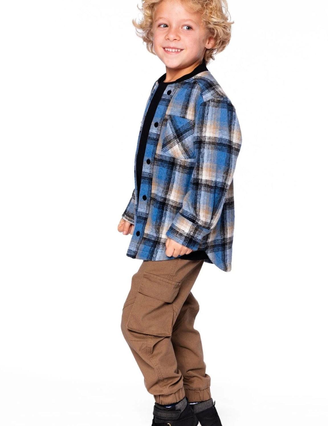 Deux Par Deux Brushed Plaid Shirt, Black and Blue