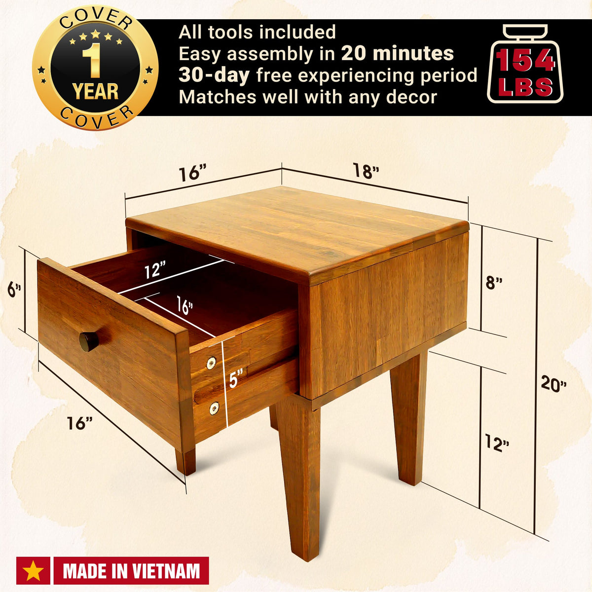 Sofia 1-Drawer Solid Acacia Wood Nightstand