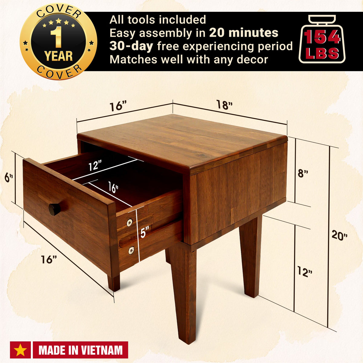Sofia 1-Drawer Solid Acacia Wood Nightstand
