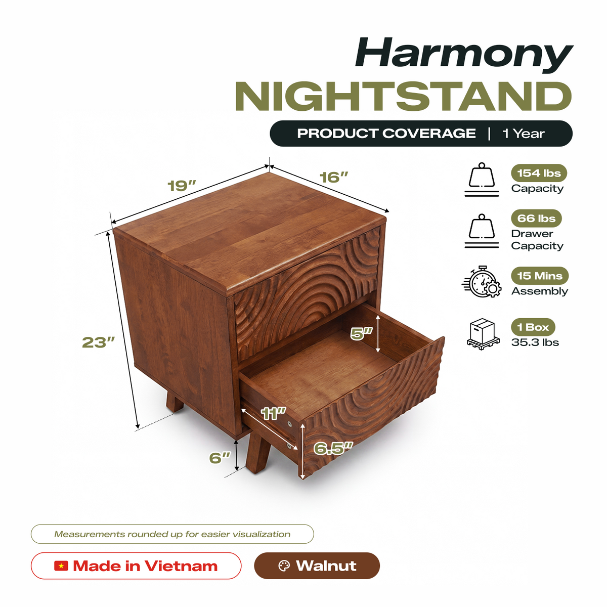 Harmony Solid Rubber Wood Nightstand