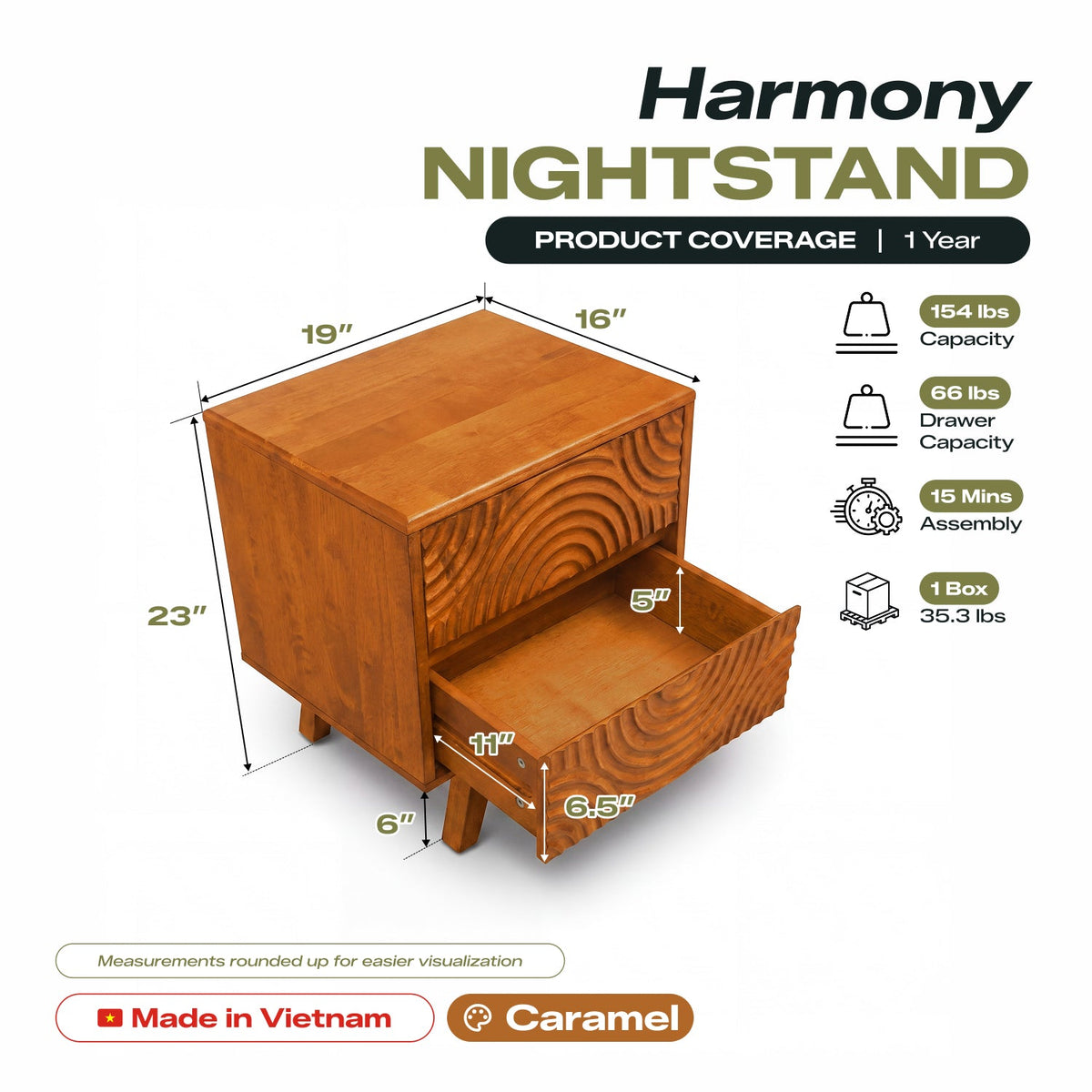 Harmony Solid Rubber Wood Nightstand