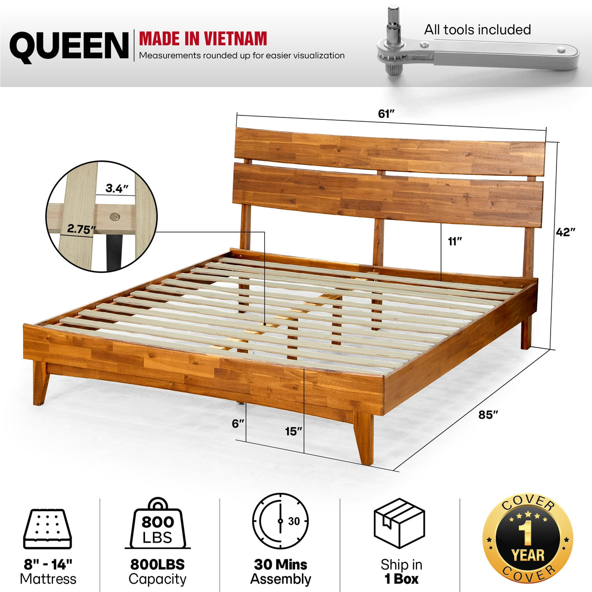 Aurora Solid Acacia Wood Bed Frame