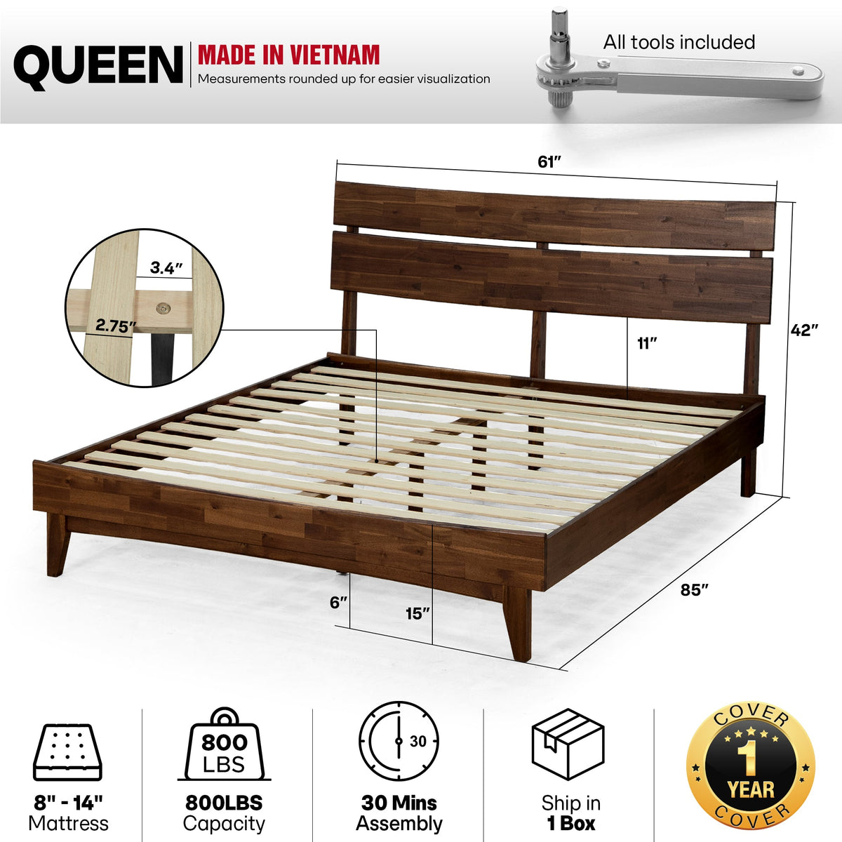 Aurora Solid Acacia Wood Bed Frame