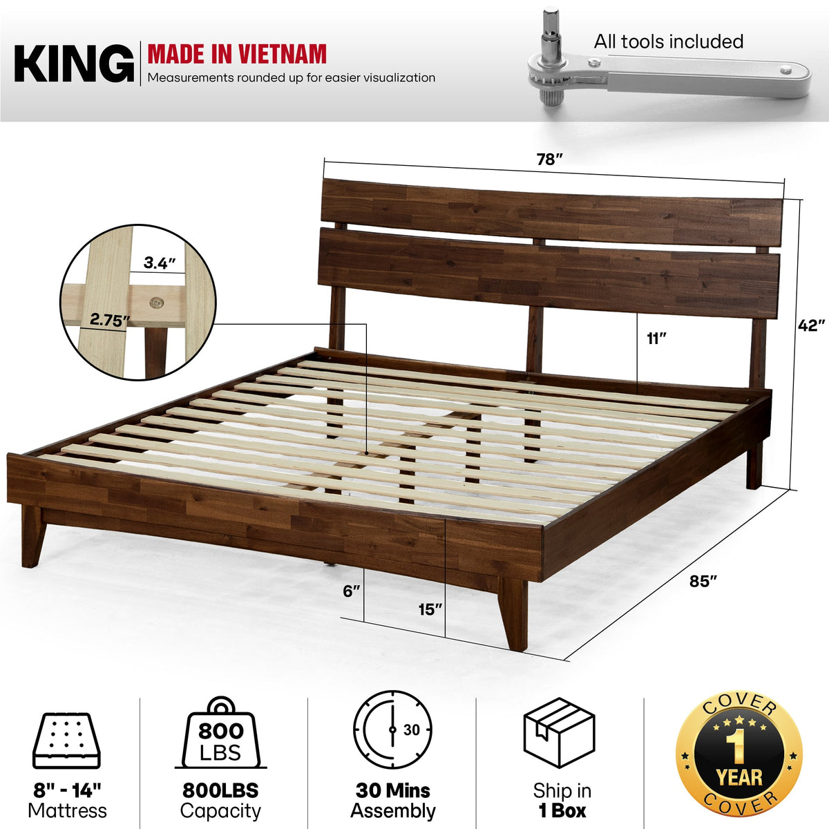 Aurora Solid Acacia Wood Bed Frame
