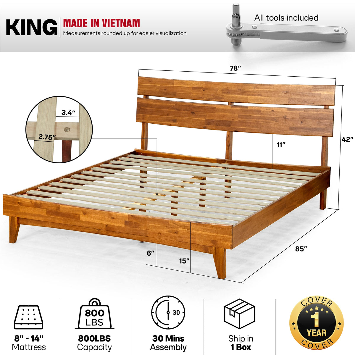 Aurora Solid Acacia Wood Bed Frame