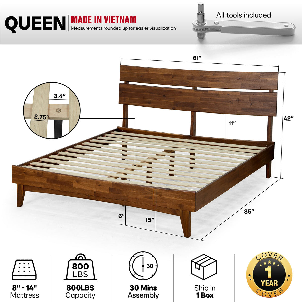Aurora Solid Acacia Wood Bed Frame