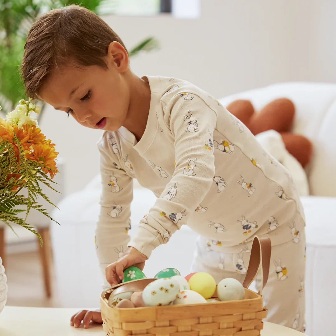 Petit Lem Egg Hunt Print PJ Set, Creme