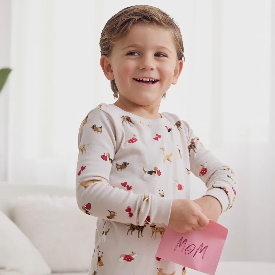 Petit Lem Puppy Love Print PJ Set, Beige