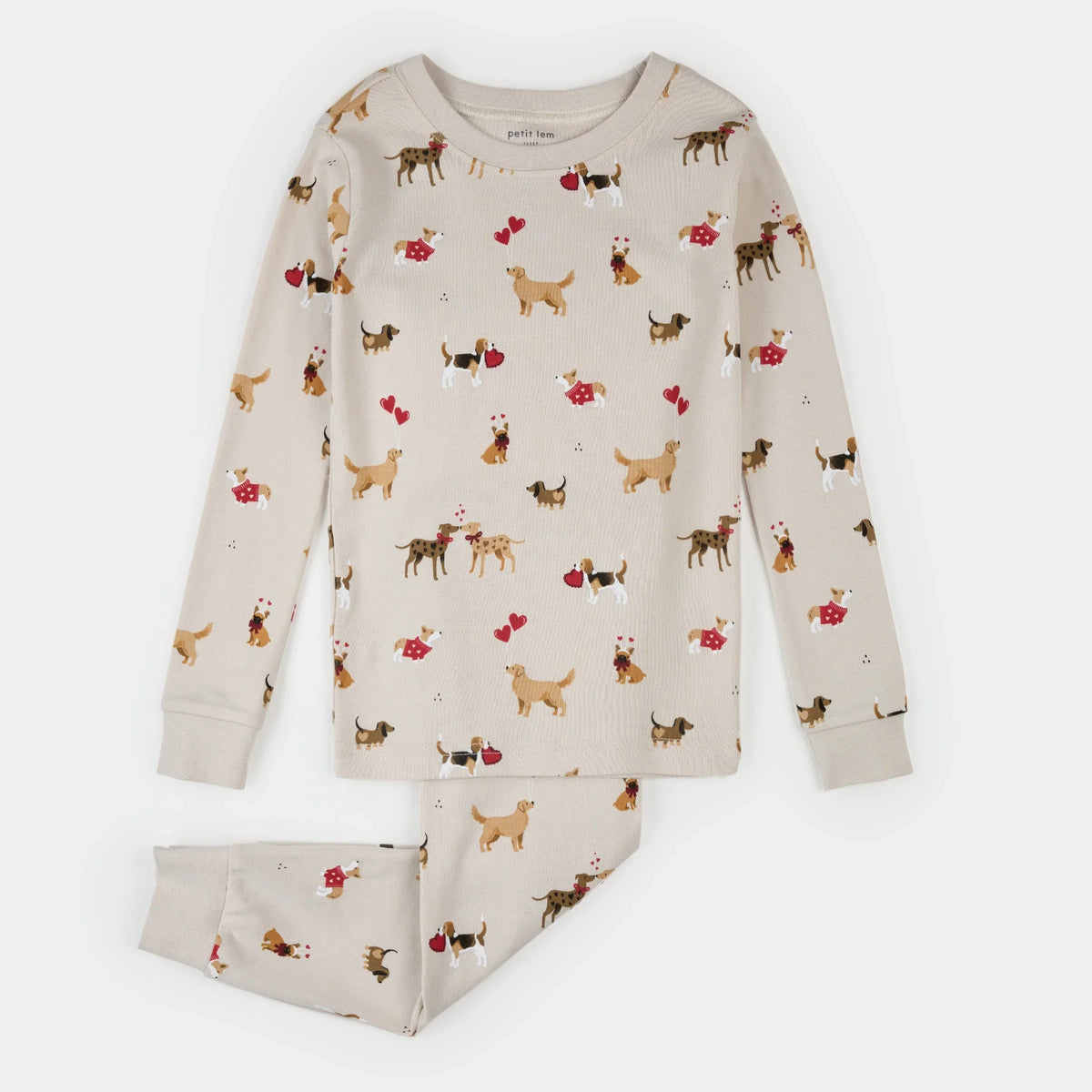 Petit Lem Puppy Love Print PJ Set, Beige