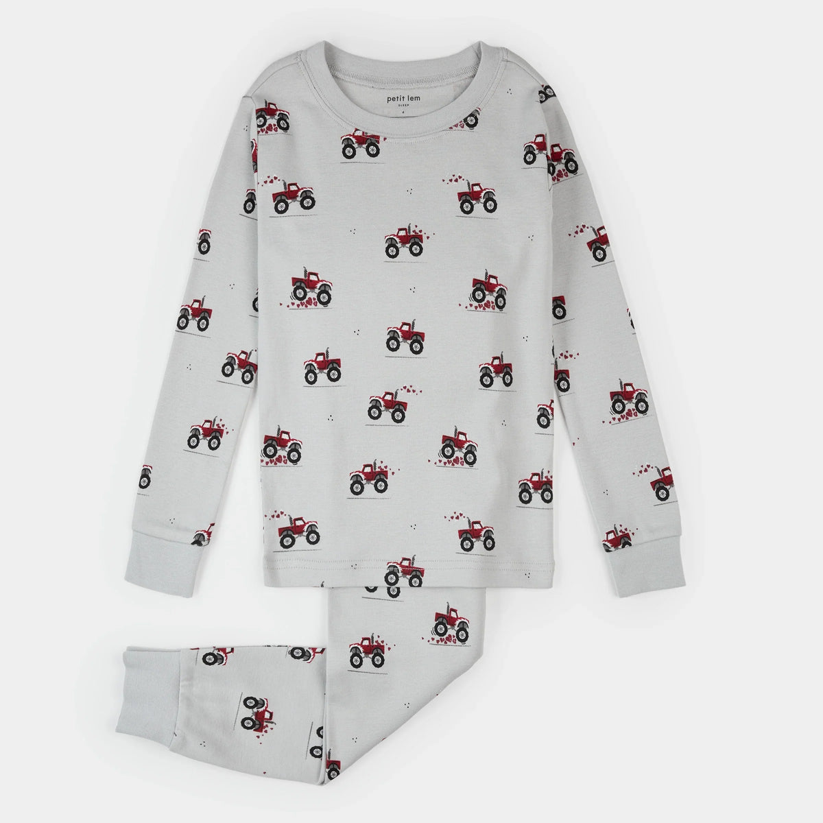 Petit Lem Monster Truck Love Print PJ Set, Lunar Rock