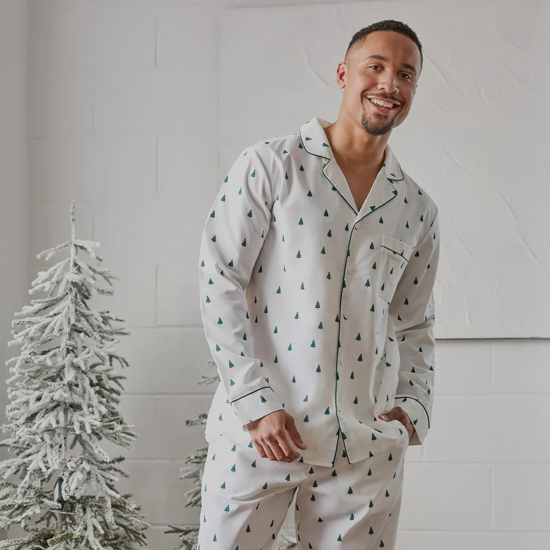 Petit Lem Adult Poplin PJ Set, Pine Tree Print on Off-White