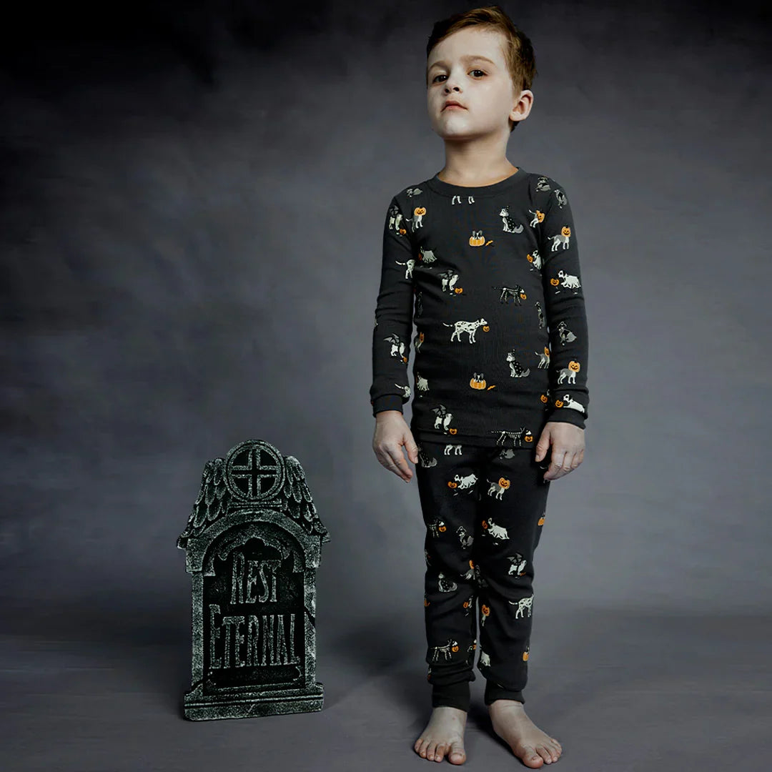 Petit Lem Howl-oween Print PJ Set, Asphalt