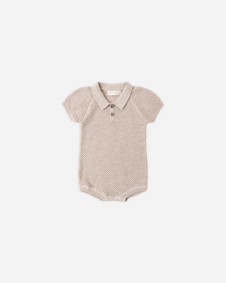 Quincy Mae Knit Polo Romper, Heathered Latte