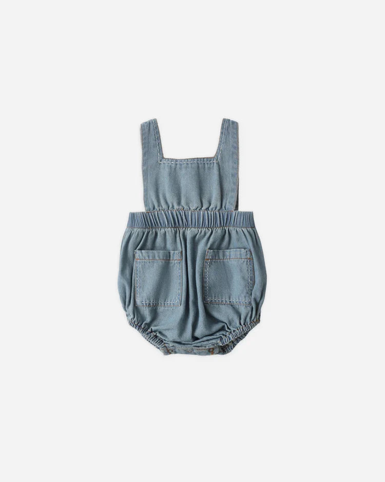 Rylee + Cru Denim Romper, Washed Blue