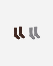Rylee + Cru Ribbed Socks, Brown and Dusty Blue, 2 Pack