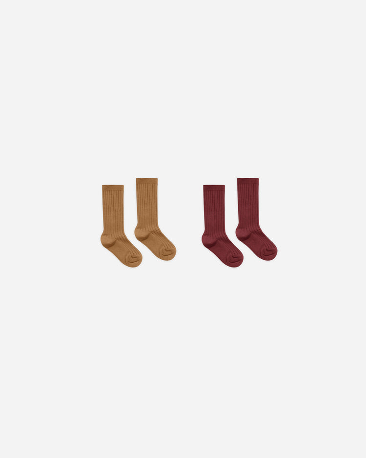 Rylee + Cru Ribbed Socks, Golden and Burgundy, 2 Pack