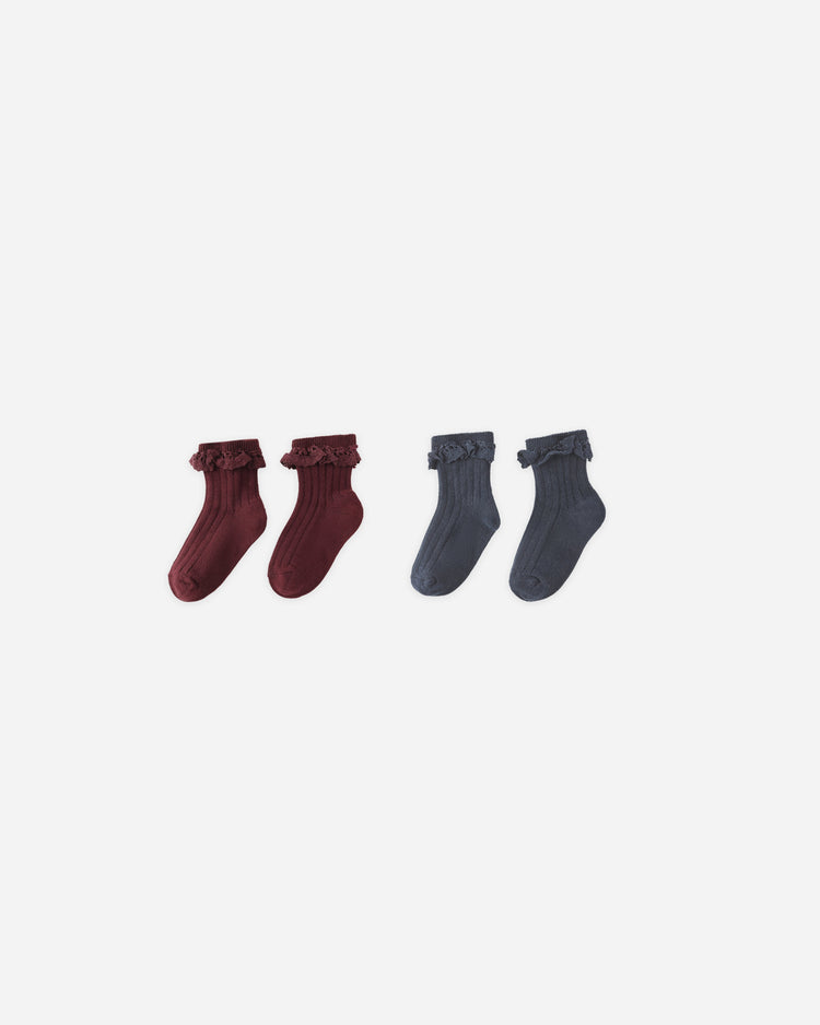 Rylee + Cru Lace Trim Socks, Burgundy and Navy, 2 Pack
