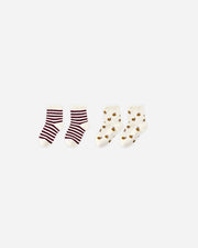 Rylee + Cru Jacquard Socks, Burgundy Stripe and Apple, 2 Pack