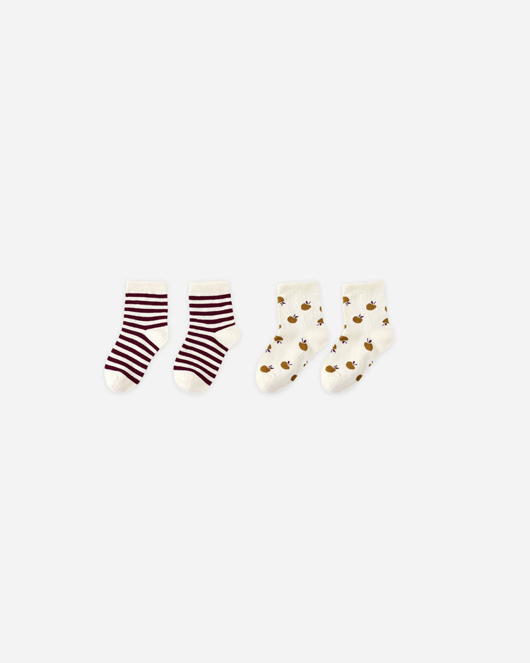 Rylee + Cru Jacquard Socks, Burgundy Stripe and Apple, 2 Pack