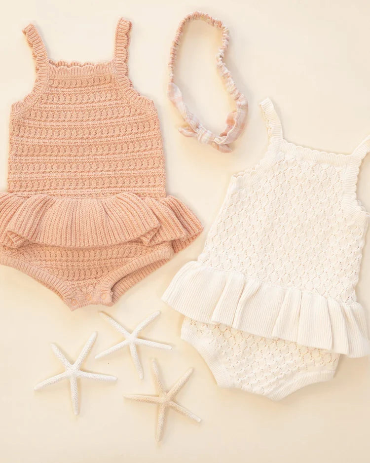 Rylee + Cru Crochet Ruffle Romper, Melon