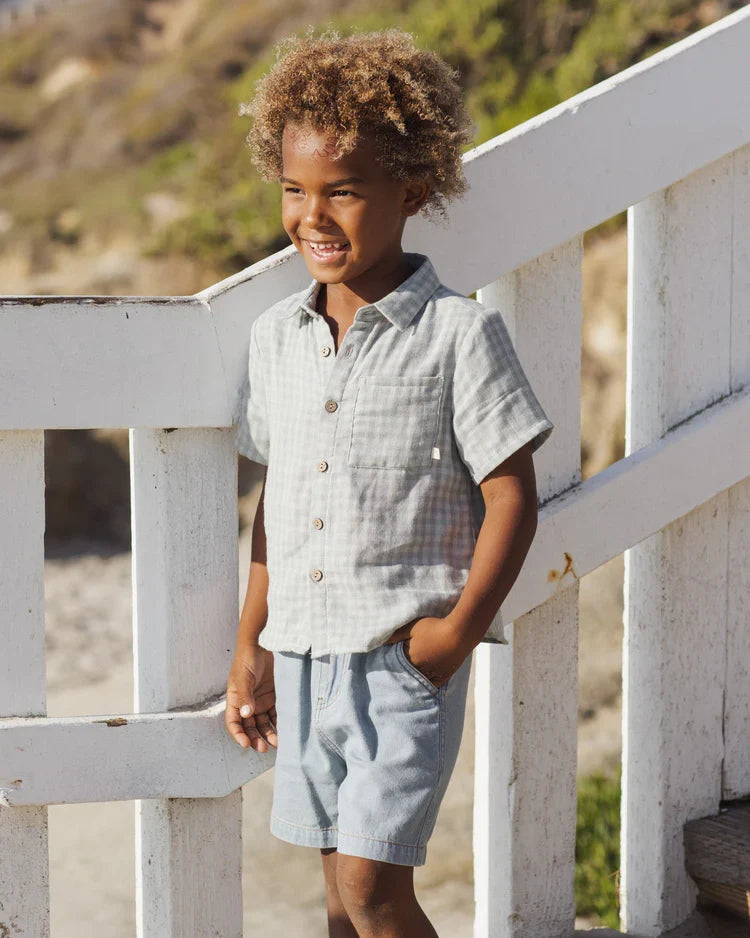 Rylee + Cru Collared Short Sleeve Shirt, Green Gingham