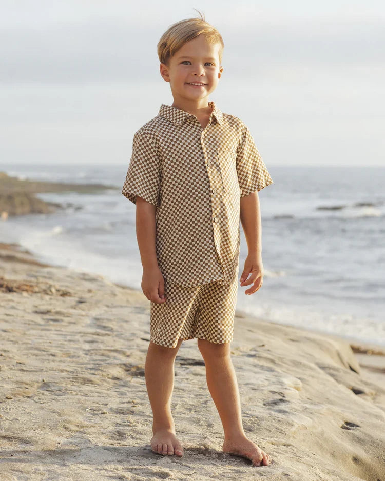 Rylee + Cru Collared Short Sleeve Shirt, Ocre Check