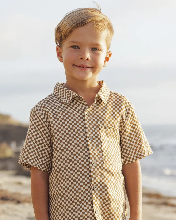 Rylee + Cru Collared Short Sleeve Shirt, Ocre Check