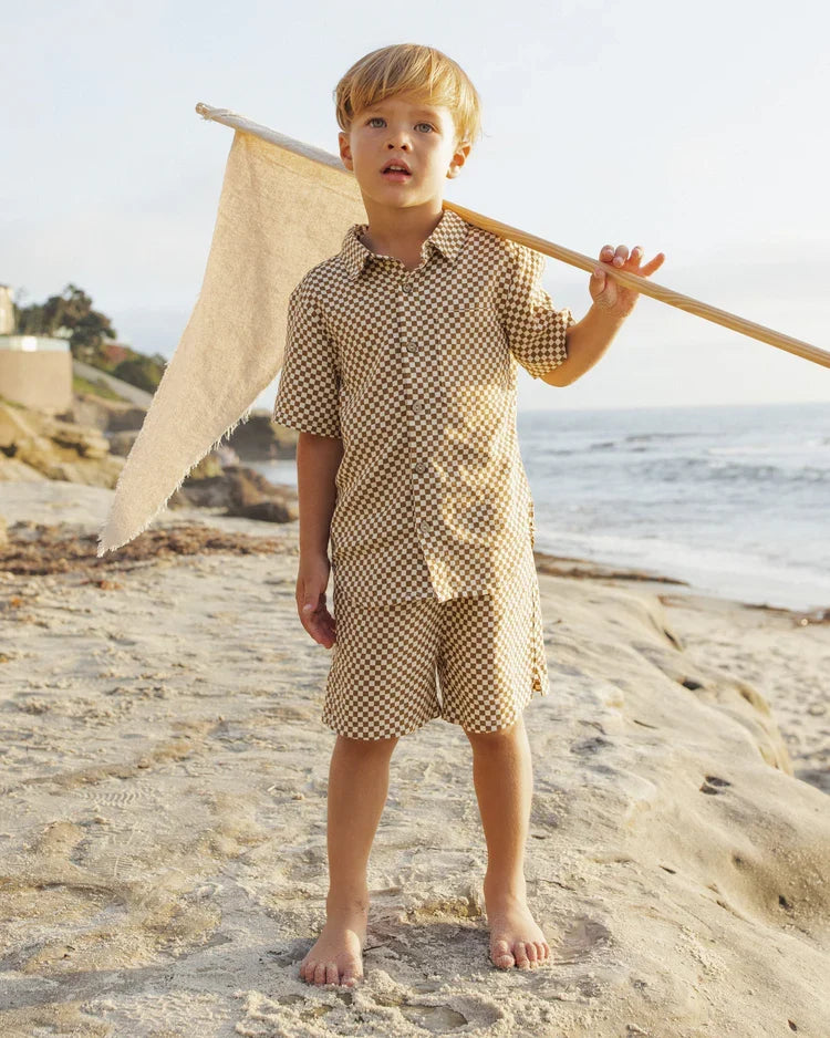 Rylee + Cru Collared Short Sleeve Shirt, Ocre Check