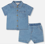 Deux Par Deux Shirt and Short Set, Light Blue Chambray
