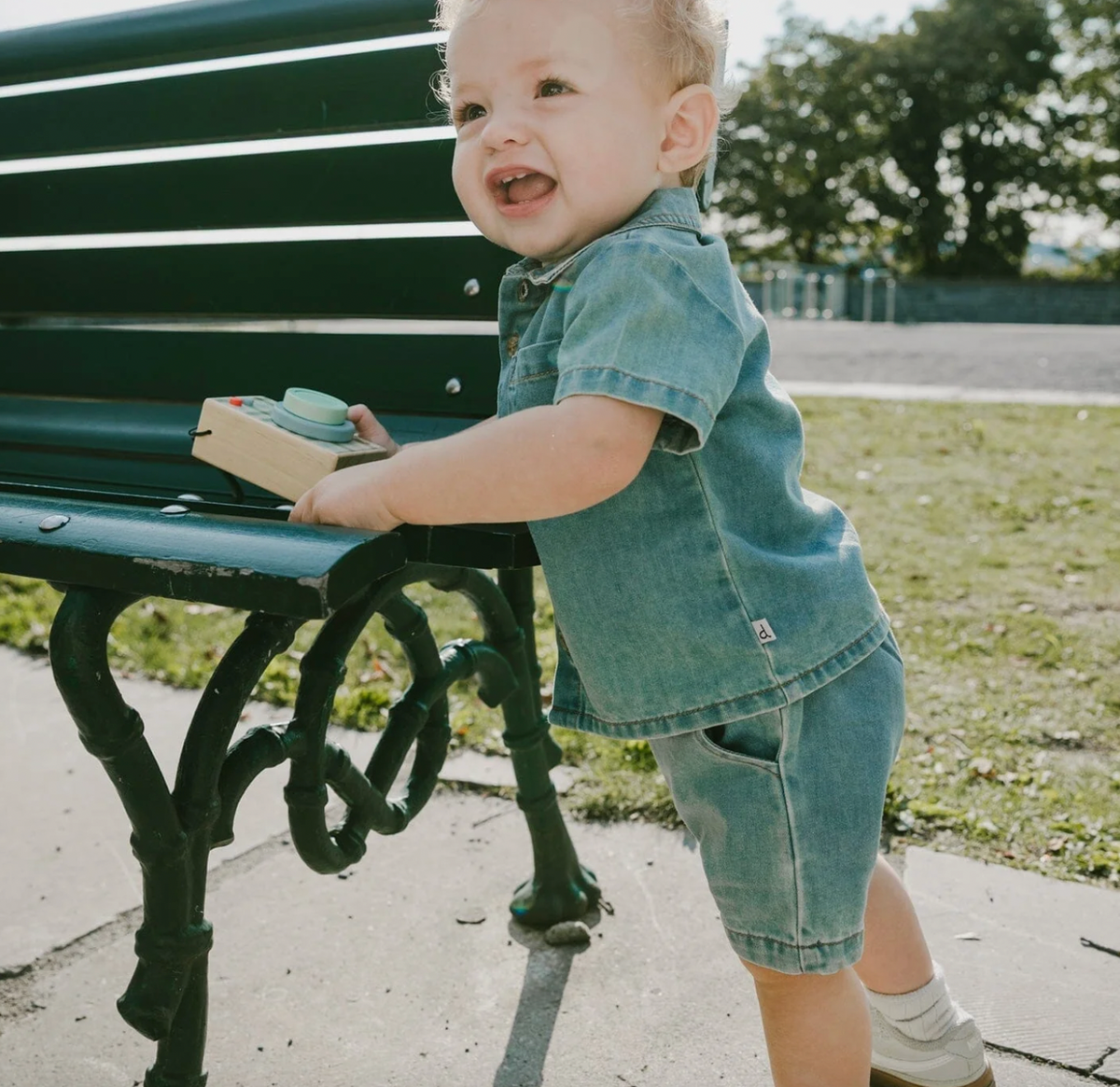 Deux Par Deux Shirt and Short Set, Light Blue Chambray