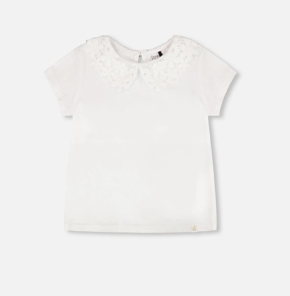 Deux Par Deux T-Shirt with Crochet Peter Pan Collar, White