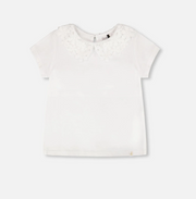Deux Par Deux T-Shirt with Crochet Peter Pan Collar, White
