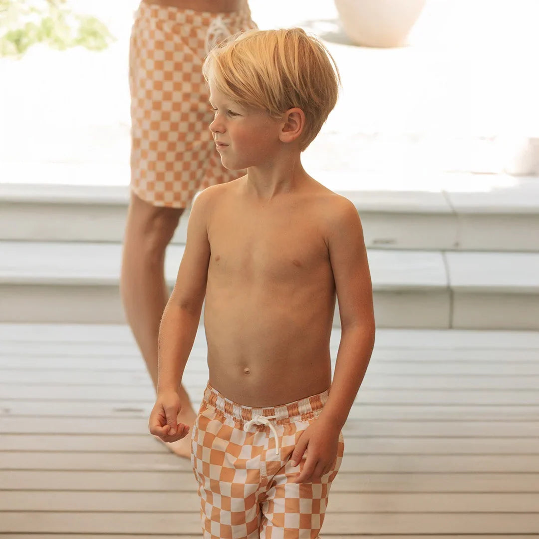 Petit Lem Swim Trunk, Orange Checkerboard